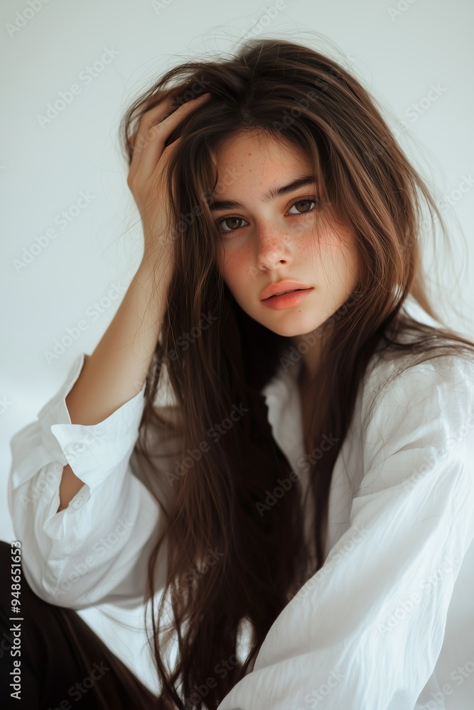 Photo of a beautiful young woman with long hair, wearing a white... Photo of a beautiful young woman with long hair, wearing a white...