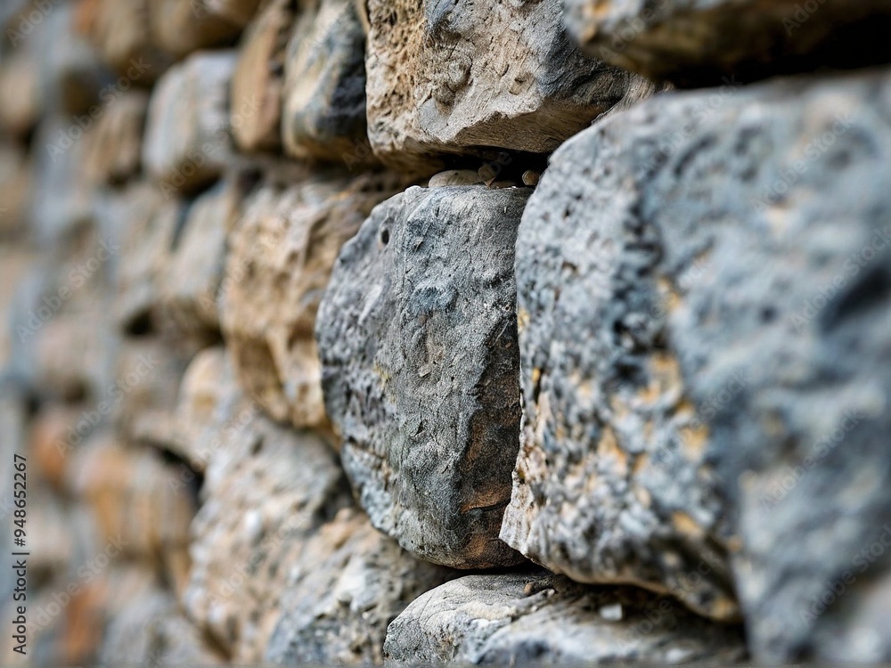 Close-up of a rough stone wall, showing the texture and detail of the stones. Close-up of a rough stone wall, showing the texture and detail of the stones.