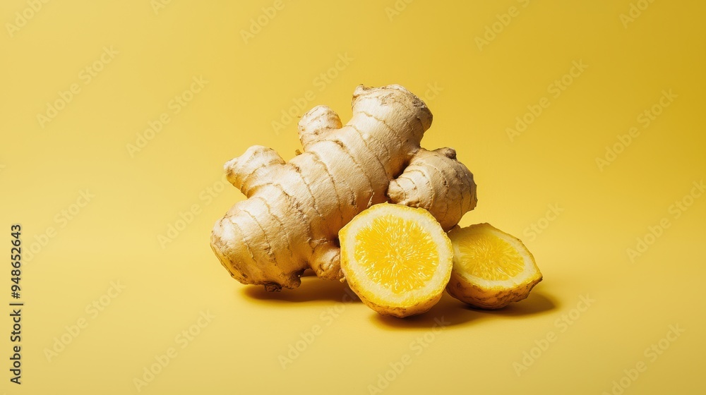 Fresh Ginger Root Paired with Sliced Lemon on a Bright Yellow Background Fresh Ginger Root Paired with Sliced Lemon on a Bright Yellow Background