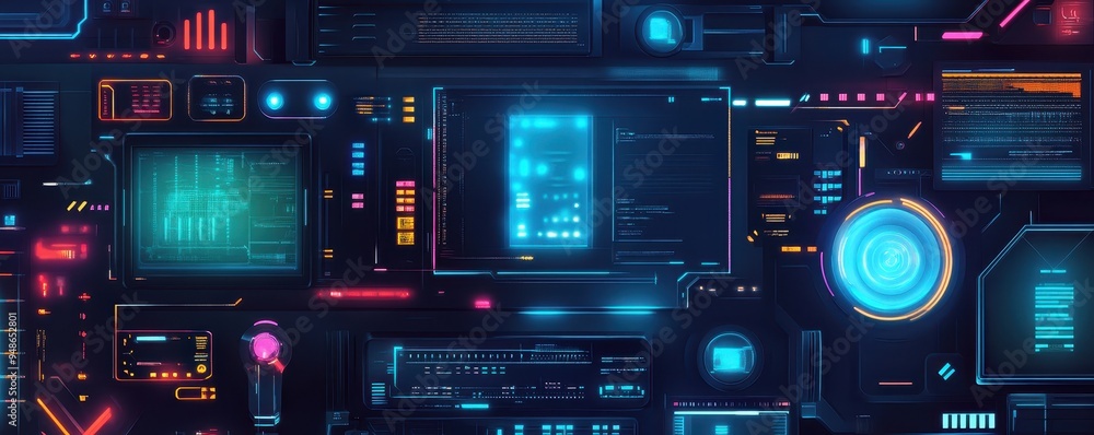 Futuristic digital interface display with vibrant lights and data visualizations, ideal for technology backgrounds and sci-fi themes. Futuristic digital interface display with vibrant lights and data visualizations, ideal for technology backgrounds and sci-fi themes.