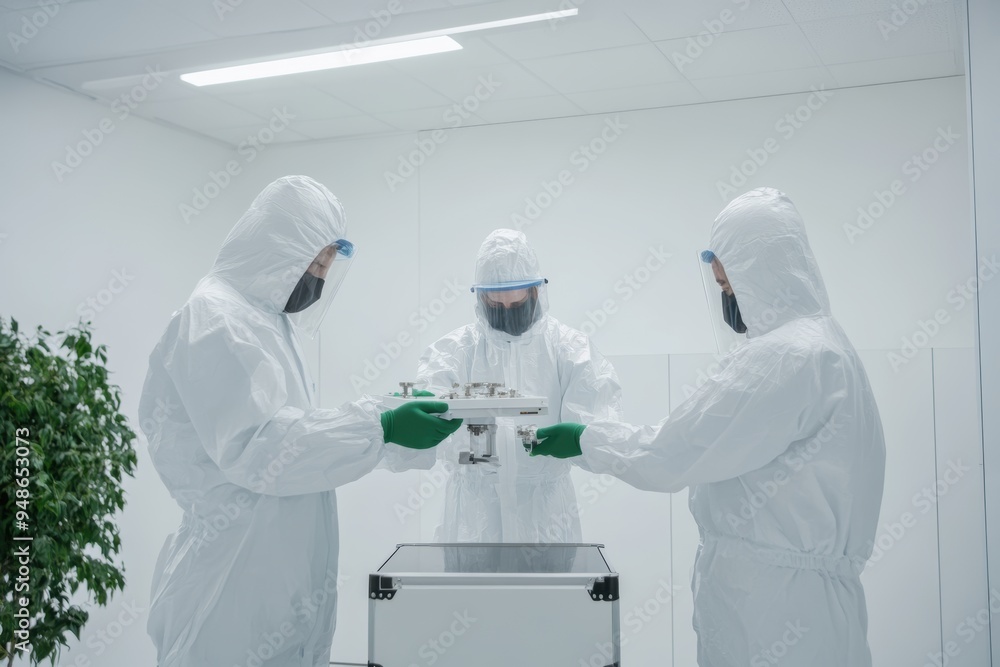 Satellite in clean room environment with technician in protective suit on white background. Satellite in clean room environment with technician in protective suit on white background.
