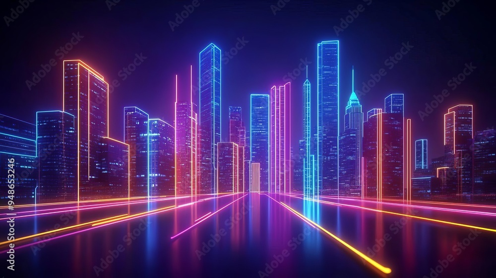Glowtime celebration Glowing neon lines tracing the outline of a cityscape, abstract design, modern and energetic Glowtime celebration Glowing neon lines tracing the outline of a cityscape, abstract design, modern and energetic