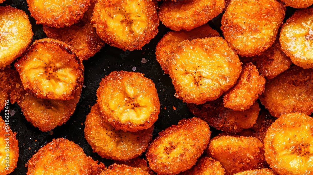 Crispy Fried Plantain Chips with Golden Brown Texture on Black Background Crispy Fried Plantain Chips with Golden Brown Texture on Black Background