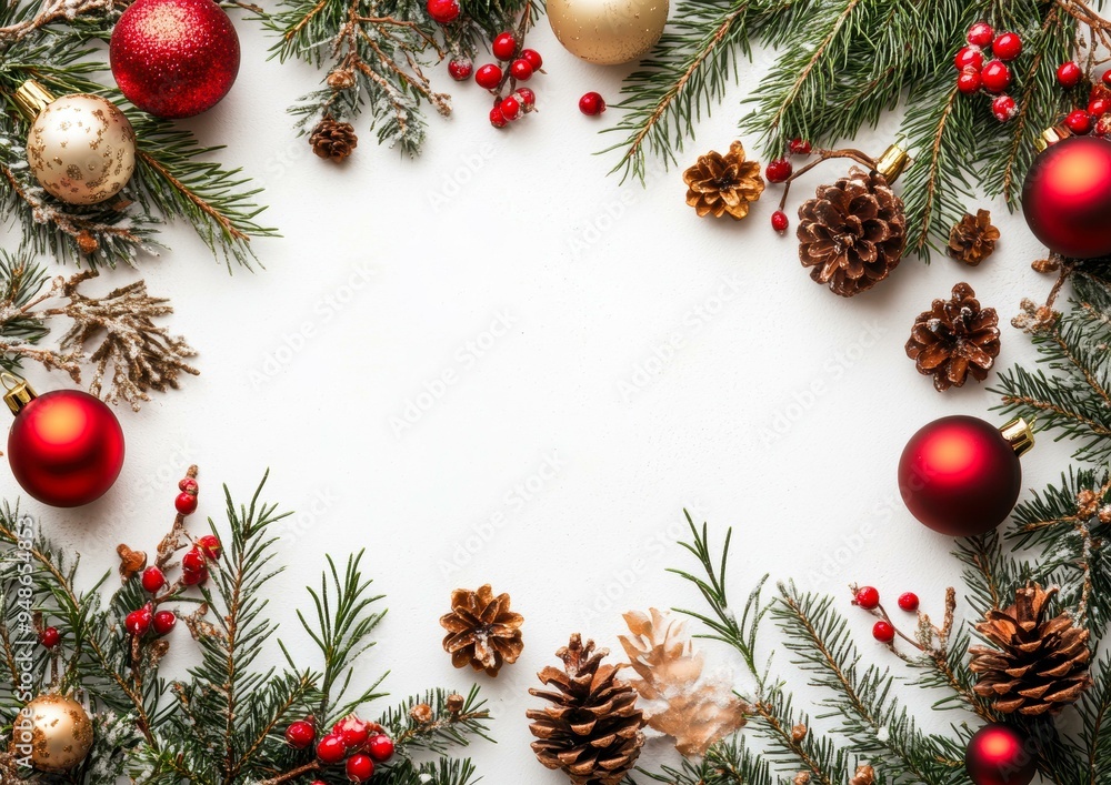Festive Christmas frame with red and gold baubles, pine cones, and evergreen branches on a white background, ideal for holiday greeting cards, invitations, and festive promotions, Festive Christmas frame with red and gold baubles, pine cones, and evergreen branches on a white background, ideal for holiday greeting cards, invitations, and festive promotions,