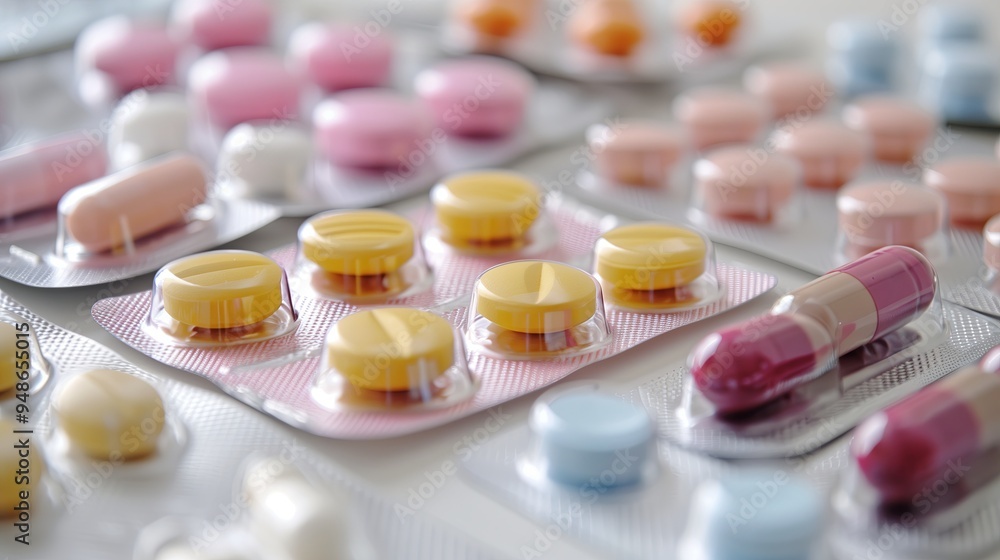 An up close view of a selection of contemporary medications, showcasing different types of pills and capsules in a rainbow of colors. The pills are arranged in a visually appealing An up close view of a selection of contemporary medications, showcasing different types of pills and capsules in a rainbow of colors. The pills are arranged in a visually appealing