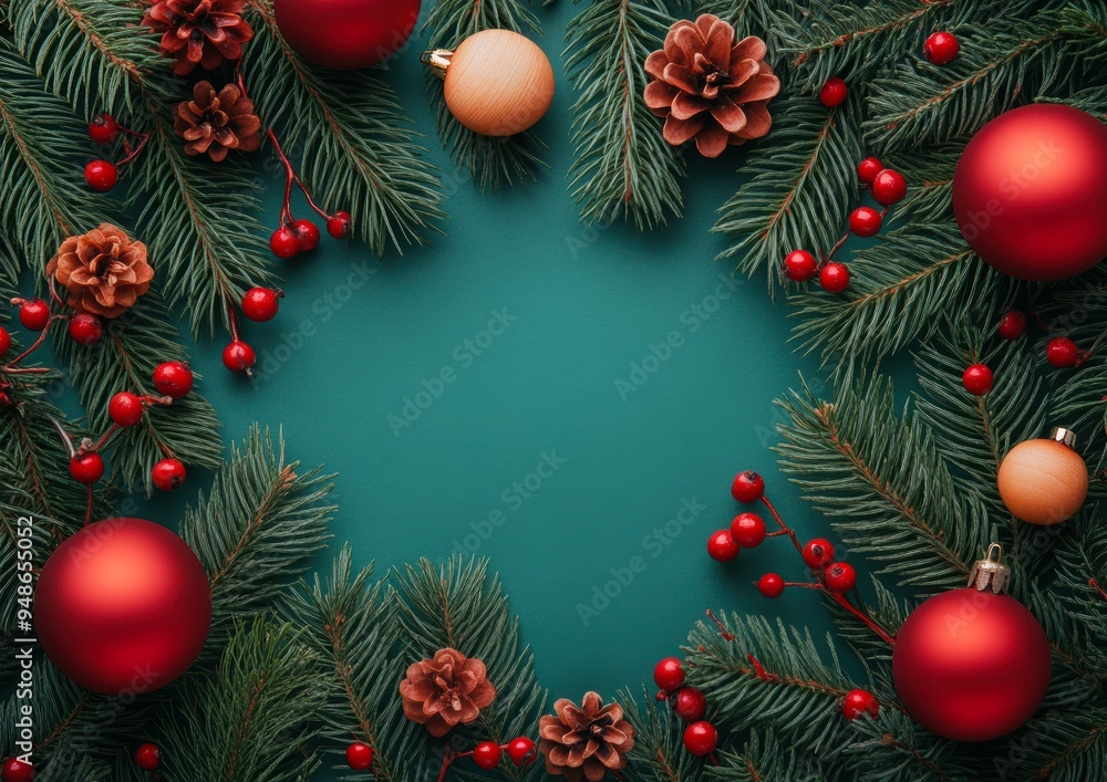 Festive arrangement with fir branches, red and gold ornaments, pine cones, and berries on a teal backdrop, Ideal for holiday promotions, invitations, and seasonal greetings, Festive arrangement with fir branches, red and gold ornaments, pine cones, and berries on a teal backdrop, Ideal for holiday promotions, invitations, and seasonal greetings,