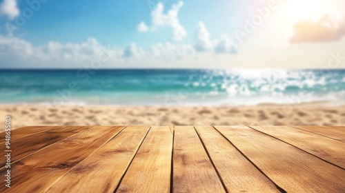 Wooden Tabletop with Blurred Beach Background