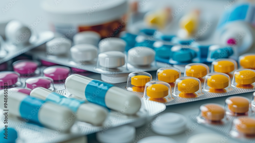 An up close view of a selection of contemporary medications, showcasing different types of pills and capsules in a rainbow of colors. The pills are arranged in a visually appealing An up close view of a selection of contemporary medications, showcasing different types of pills and capsules in a rainbow of colors. The pills are arranged in a visually appealing