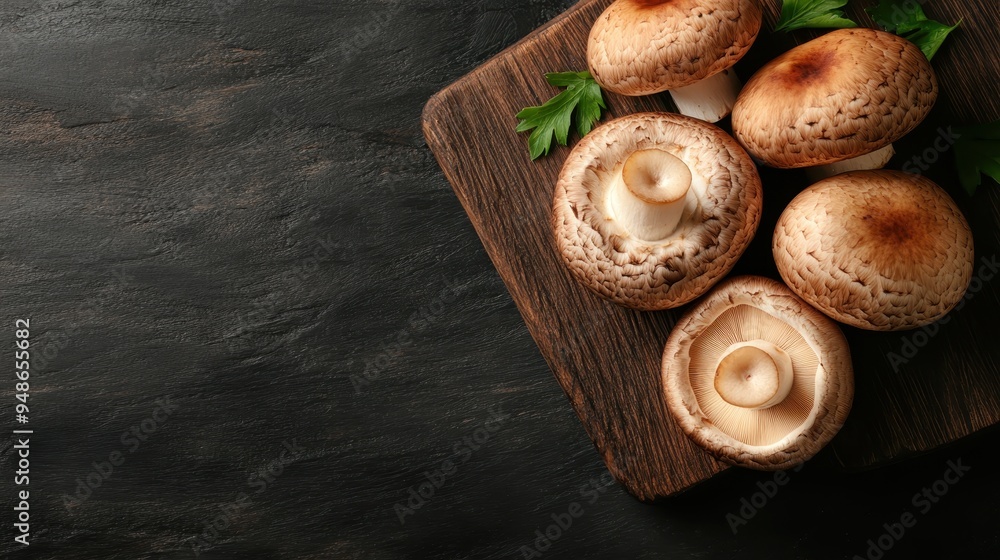 This image features fresh mushrooms artistically arranged on a dark wooden cutting board, complemented by a couple of green leaves, epitomizing fresh and natural produce. This image features fresh mushrooms artistically arranged on a dark wooden cutting board, complemented by a couple of green leaves, epitomizing fresh and natural produce.