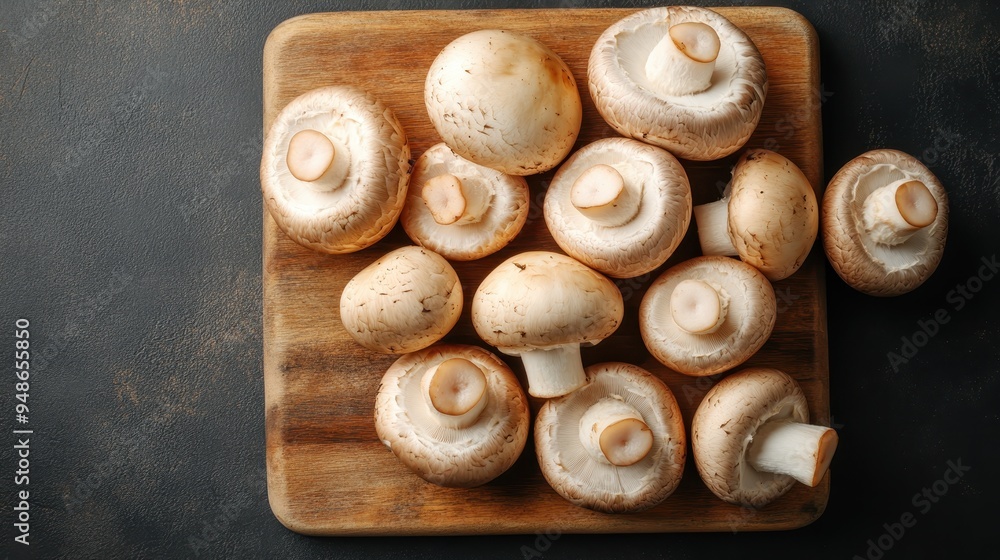 This image displays an assortment of fresh mushrooms laying on a wooden board, showcasing the natural beauty and variety of mushrooms in a clean, rustic style perfect for organic food visuals. This image displays an assortment of fresh mushrooms laying on a wooden board, showcasing the natural beauty and variety of mushrooms in a clean, rustic style perfect for organic food visuals.