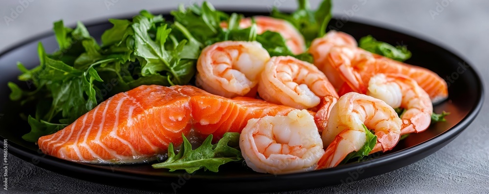 Artistic presentation of salmon and shrimp with delicate greens, arranged on a stylish black plate, fine dining, culinary art, minimalist, high-end Artistic presentation of salmon and shrimp with delicate greens, arranged on a stylish black plate, fine dining, culinary art, minimalist, high-end