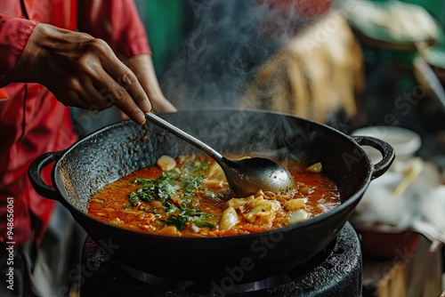 Man scoop indonesia sayur asem or sweet sour soup photo