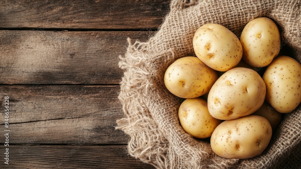 A collection of fresh potatoes neatly placed in a burlap sack, set against a rustic wooden table backdrop, showcasing natural and earthly produce imagery. A collection of fresh potatoes neatly placed in a burlap sack, set against a rustic wooden table backdrop, showcasing natural and earthly produce imagery.