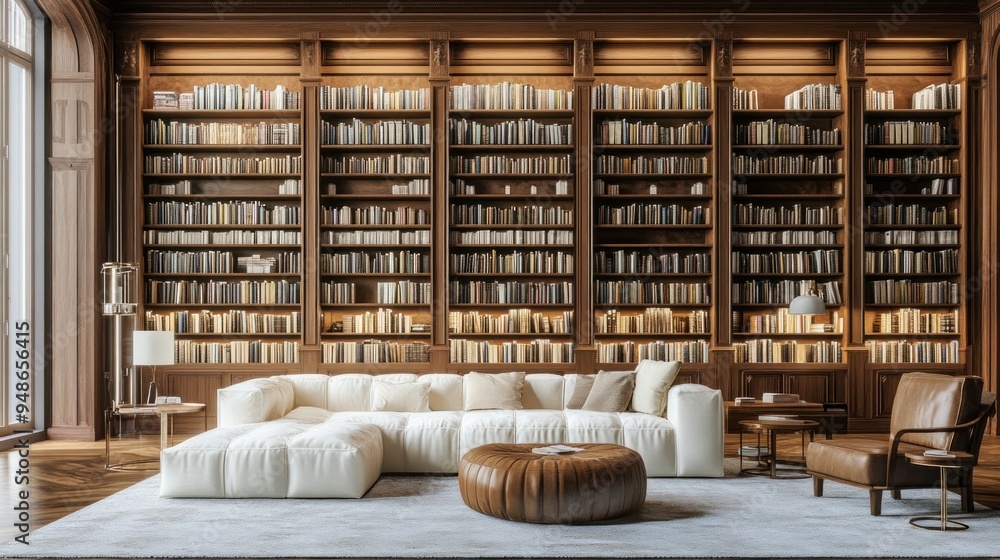 Cozy living room with a large bookshelf and white sofa. Cozy living room with a large bookshelf and white sofa.