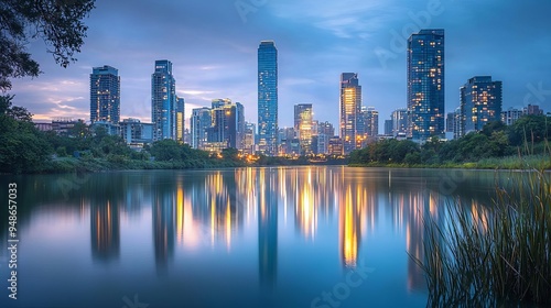 Glowtime energy City skyline at dusk with glowing skyscrapers reflecting on a calm river, urban serenity, modern glow