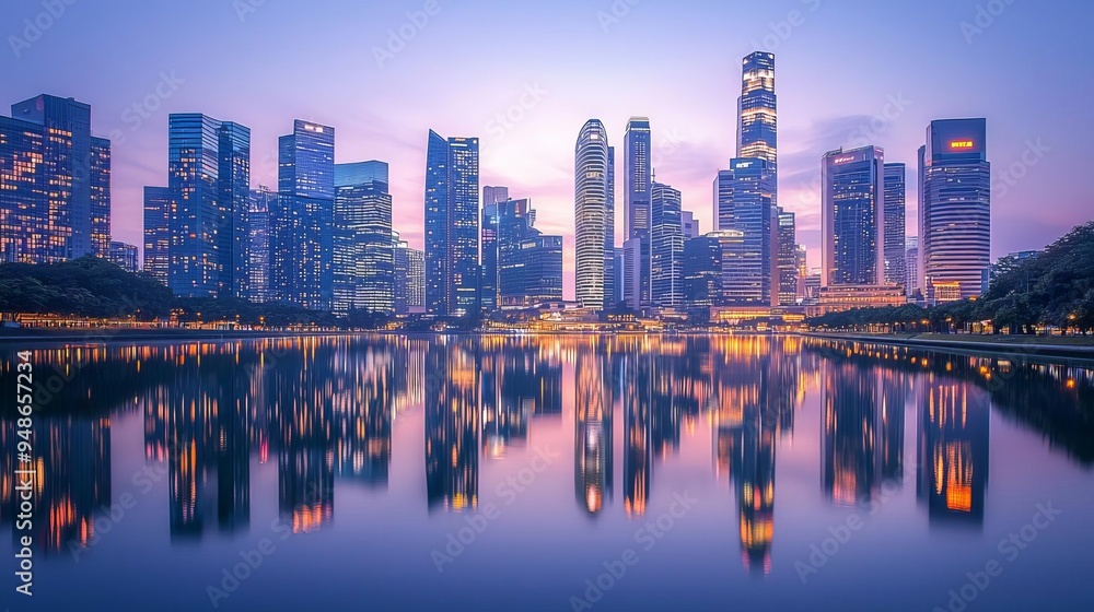 Fototapeta premium Glowtime energy City skyline at dusk with glowing skyscrapers reflecting on a calm river, urban serenity, modern glow
