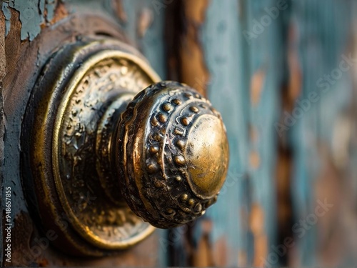 Close-up of an ornate brass door knob on a weathered wooden door.