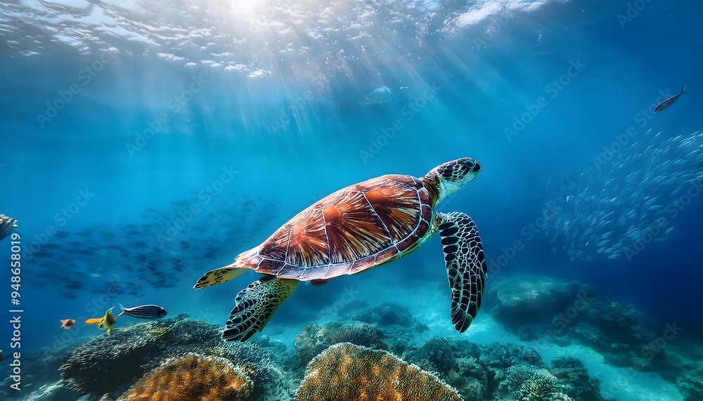 Obraz premium Turtle gliding gracefully through the clear blue ocean