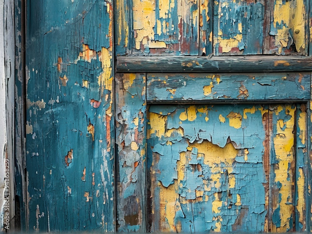 Closeup of an old wooden door with chipped and peeling paint. The blue and yellow paint is flaking and revealing the wood underneath. Closeup of an old wooden door with chipped and peeling paint. The blue and yellow paint is flaking and revealing the wood underneath.