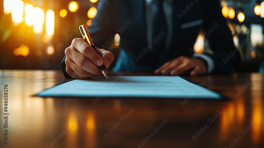 A business professional signs a document, capturing the essence of productivity and decision-making in a modern workspace. A business professional signs a document, capturing the essence of productivity and decision-making in a modern workspace.