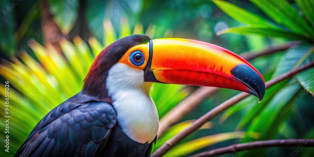 Toco toucan resting in a lush tropical reserve with vibrant feathers and a large, colorful beak, exotic, tropical, bird, reserve Toco toucan resting in a lush tropical reserve with vibrant feathers and a large, colorful beak, exotic, tropical, bird, reserve