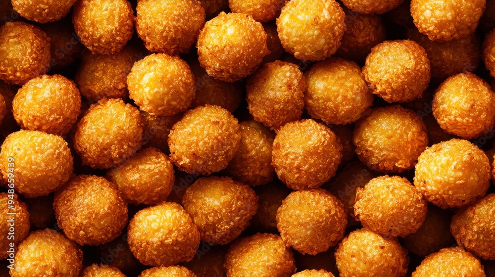 Close-Up of Crispy Golden Brown Round Croquettes Filling the Frame in a Tasty Snack Food Image Close-Up of Crispy Golden Brown Round Croquettes Filling the Frame in a Tasty Snack Food Image