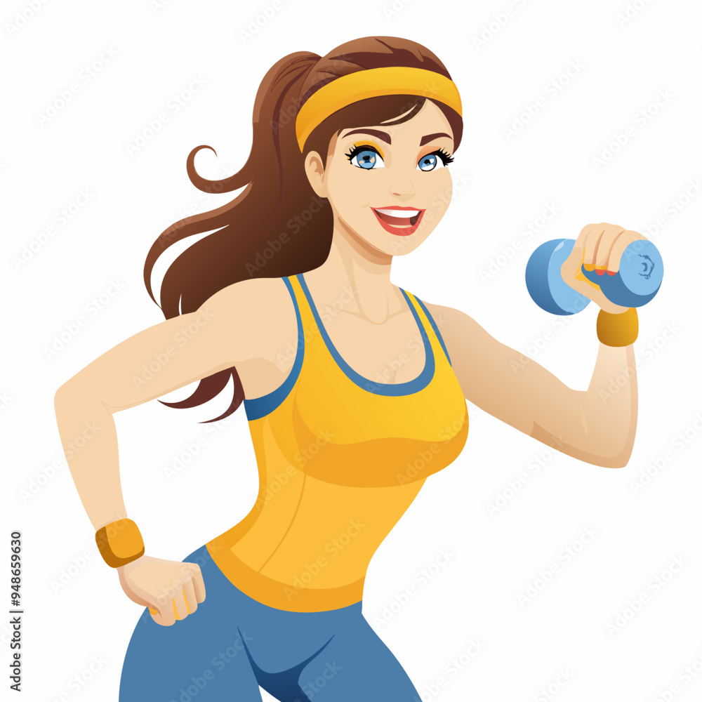 Woman exercising with enthusiasm holding a dumbbell on a white background Woman exercising with enthusiasm holding a dumbbell on a white background