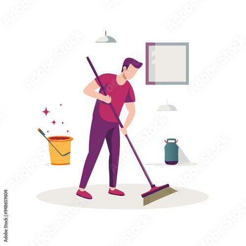 Man cleaning the floor with a broom and a bucket in a room against a white background