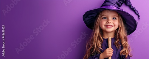 child in a witch costume holding a small broomstick, smiling brightly, on a single color purple background photo