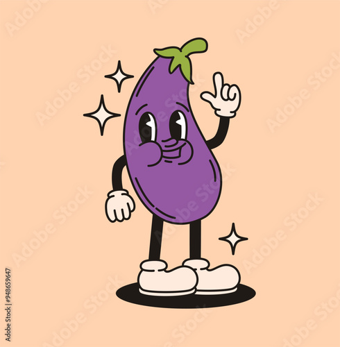 Groovy retro character eggplant. Flat vector illustration.