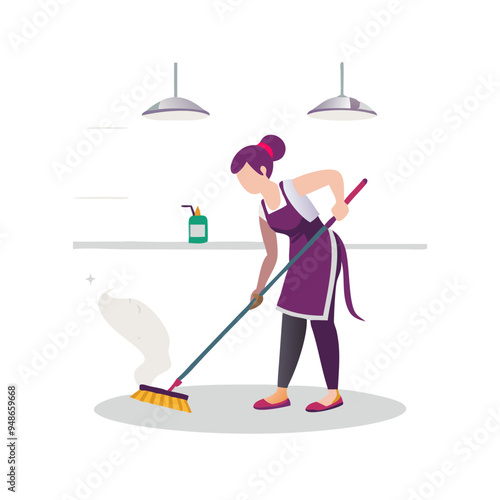 Woman mopping the floor with a broom in a clean kitchen on a white background