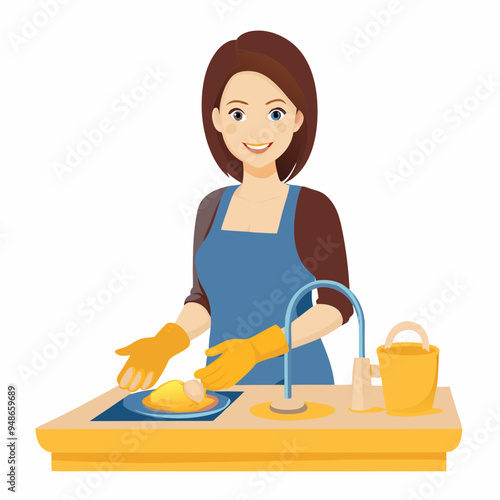 Smiling woman cooking in the kitchen while wearing gloves and an apron against a white background