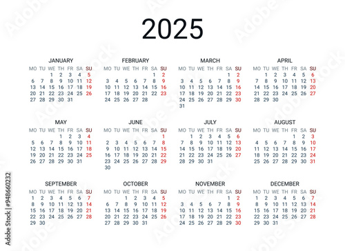 2025 year English calendar. Classical, minimalistic, simple design. White background. Vector Illustration. Week starts from Monday.
