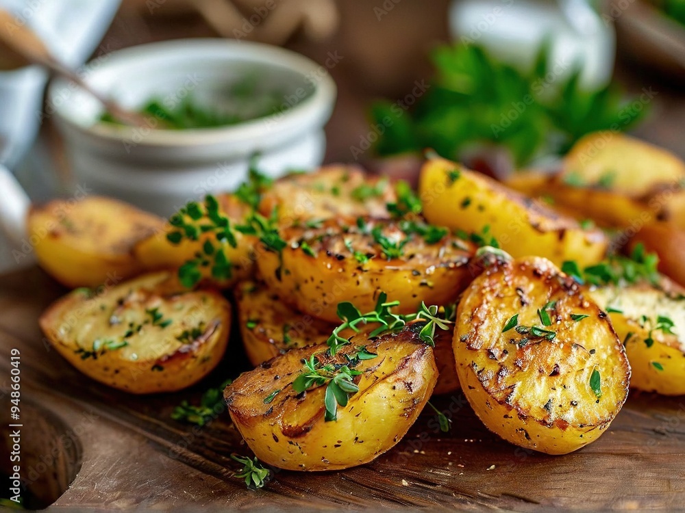 Close-up of crispy roasted potato wedges with fresh thyme and herbs on a wooden cutting board. Close-up of crispy roasted potato wedges with fresh thyme and herbs on a wooden cutting board.