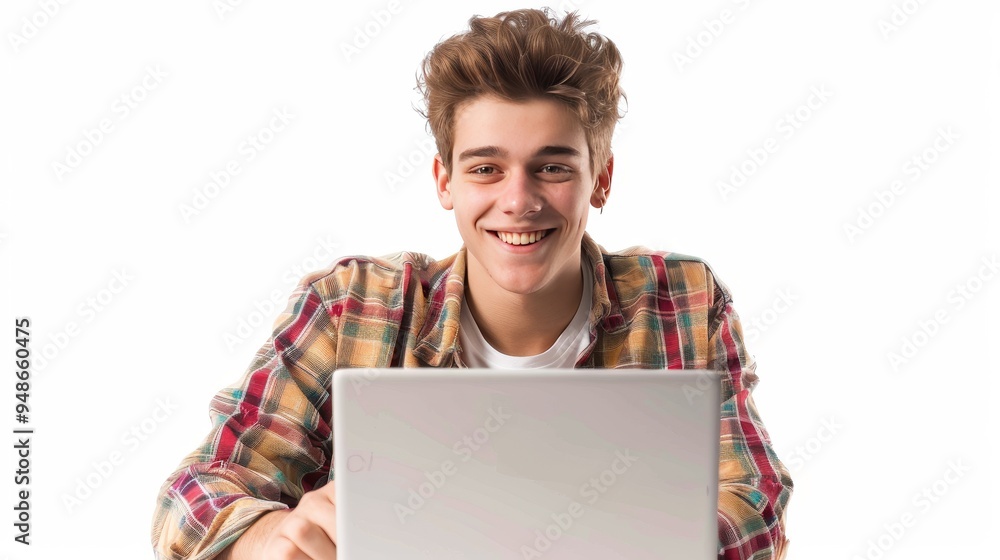 Successful caucasian young man student freelancer using laptop, watching webinars, working remotely, e-learning e-commerce online isolated in white background. Successful caucasian young man student freelancer using laptop, watching webinars, working remotely, e-learning e-commerce online isolated in white background.