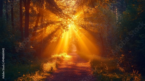 Glowtime party Radiant golden hour sunbeams illuminating a quiet forest path, nature's peace, inspiring landscape