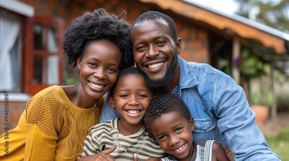 Happy Family of Four Smiling Outdoors in Front of Their Brick House. Happy Family of Four Smiling Outdoors in Front of Their Brick House.
