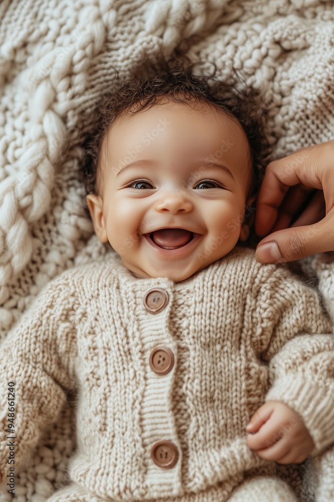 joyful baby with soft, curly hair lying on a textured, neutral colored blanket, dressed in a cozy cream colored knit outfit joyful baby with soft, curly hair lying on a textured, neutral colored blanket, dressed in a cozy cream colored knit outfit