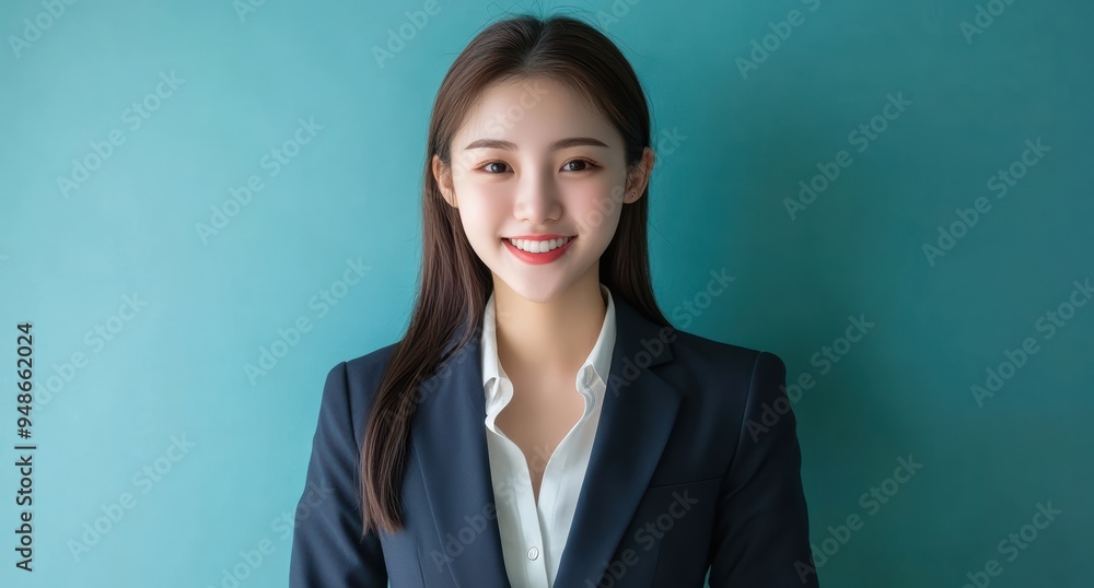 A friendly yet professional Asian businesswoman in a blue suit, smiling warmly to convey kindness and sincerity. She exudes confidence and expertise in finance and business management A friendly yet professional Asian businesswoman in a blue suit, smiling warmly to convey kindness and sincerity. She exudes confidence and expertise in finance and business management
