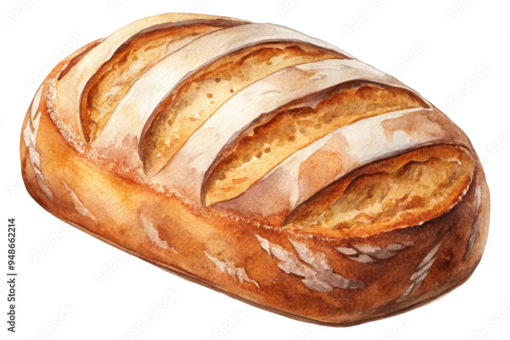Watercolor illustration of a crusty bread loaf with decorative slashes, showcasing its golden brown texture and artisanal design. Isolated on transparent background, png. Watercolor illustration of a crusty bread loaf with decorative slashes, showcasing its golden brown texture and artisanal design. Isolated on transparent background, png.