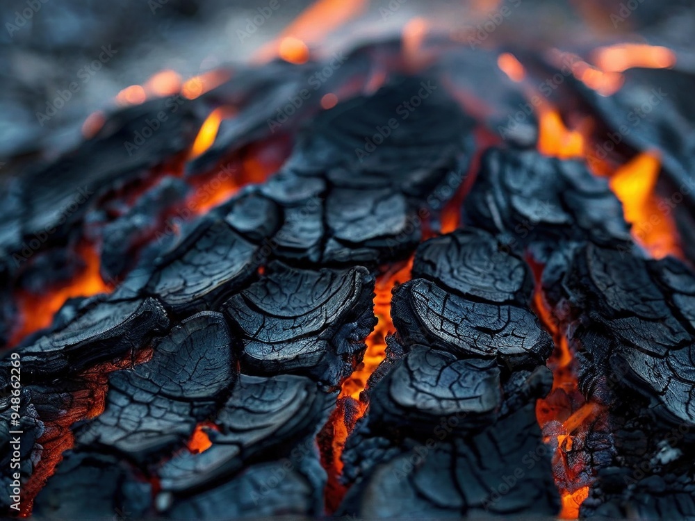 Close-up of glowing embers from a fire, with a textured surface of charred wood. Close-up of glowing embers from a fire, with a textured surface of charred wood.