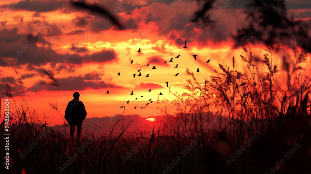 Fototapeta premium A silhouette of a person standing in a field at sunset, with birds flying across a vibrant red-orange sky, capturing the beauty of nature at dusk.