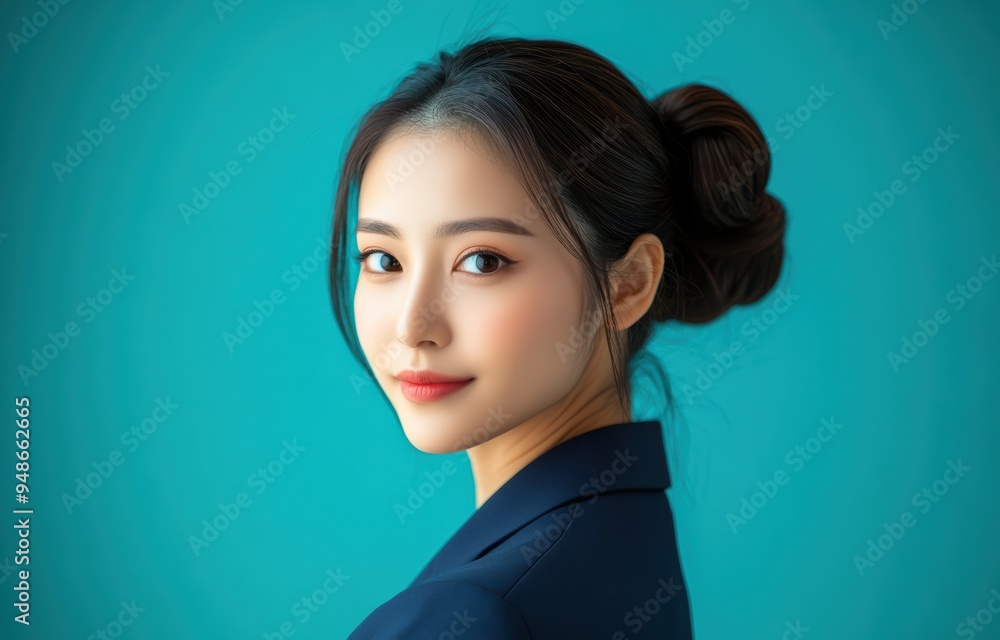 Fototapeta premium A friendly yet professional Asian businesswoman in a blue suit, smiling warmly to convey kindness and sincerity. She exudes confidence and expertise in finance and business management