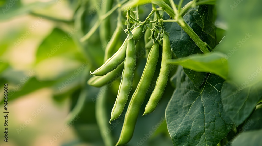 116. **A close-up of fresh green beans on the vine. 116. **A close-up of fresh green beans on the vine.