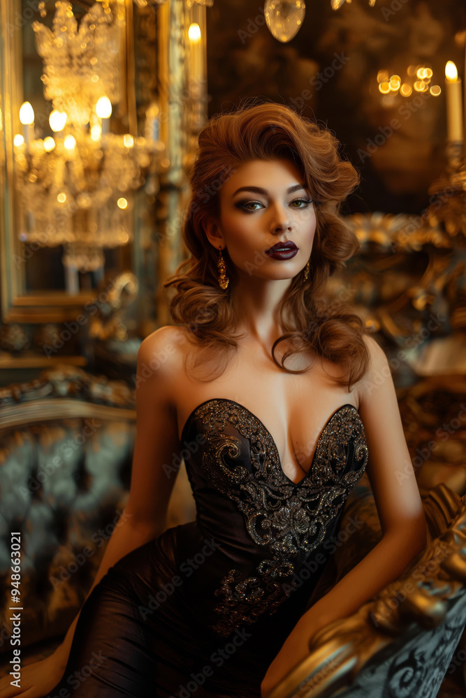 Stylish woman in a bodycon dress with heavy makeup and big hair, surrounded by opulent furnishings. Stylish woman in a bodycon dress with heavy makeup and big hair, surrounded by opulent furnishings.
