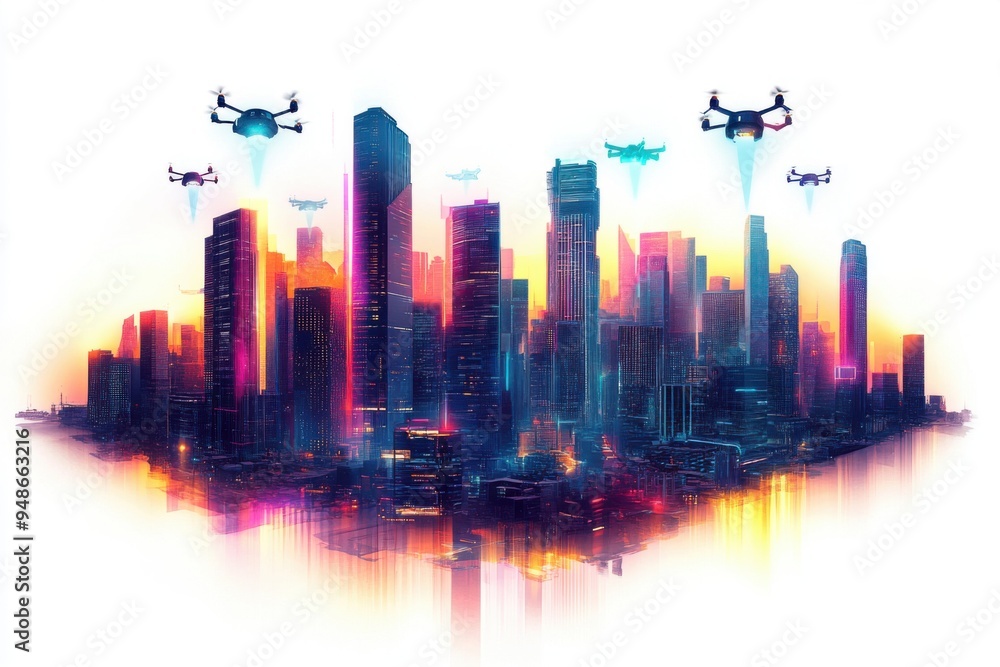 Drones Flying Over Cityscape with Neon Lights. Drones Flying Over Cityscape with Neon Lights.