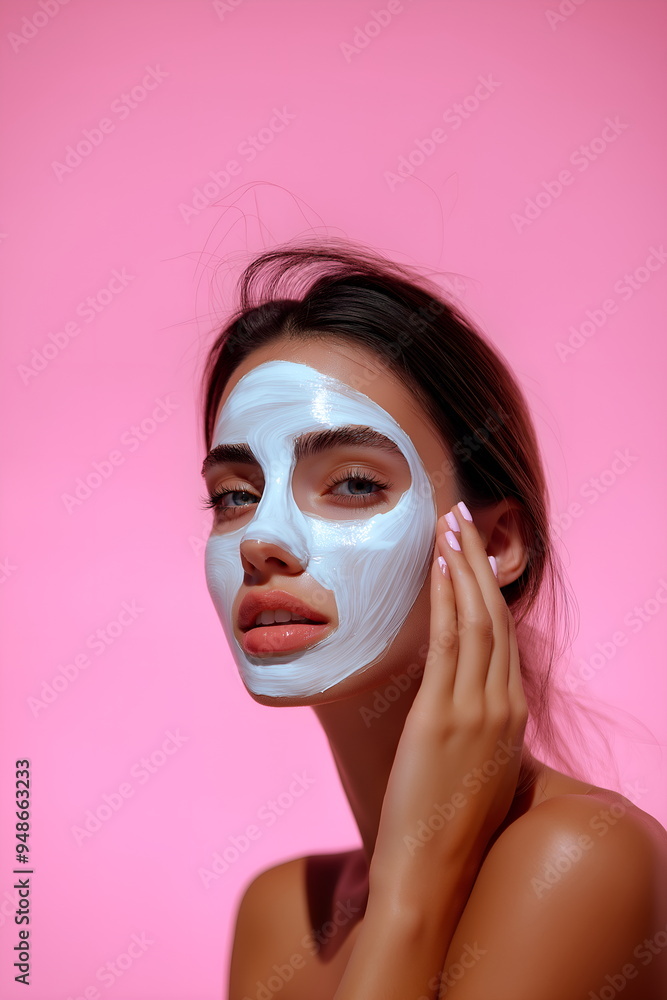 A model with the white mask on her face, beauty wellness center banner with copy space A model with the white mask on her face, beauty wellness center banner with copy space