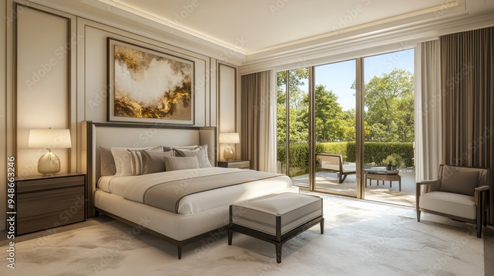 Modern Bedroom with Large Windows and Garden View. Modern Bedroom with Large Windows and Garden View.