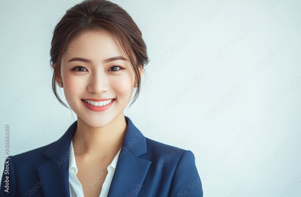A friendly yet professional Asian businesswoman in a blue suit, smiling warmly to convey kindness and sincerity. She exudes confidence and expertise in finance and business management A friendly yet professional Asian businesswoman in a blue suit, smiling warmly to convey kindness and sincerity. She exudes confidence and expertise in finance and business management