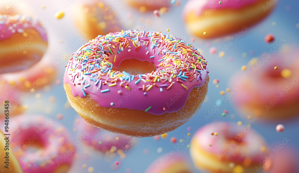 Colorful doughnuts with sprinkles flying through the air energetic playful atmosphere Colorful doughnuts with sprinkles flying through the air energetic playful atmosphere